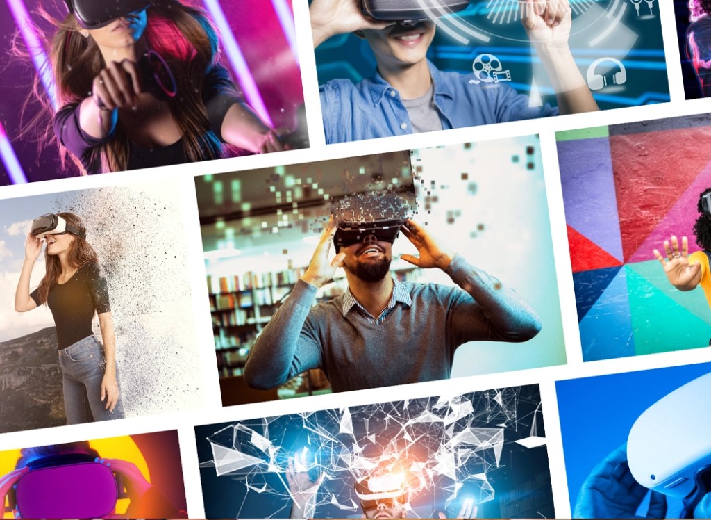 A collage of images of people using virtual reality headsets