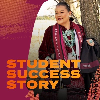 An NMSU "Crimson Scholar" celebrates her cultural identity by wearing a crimson sash and Navajo jewelry on her graduation day