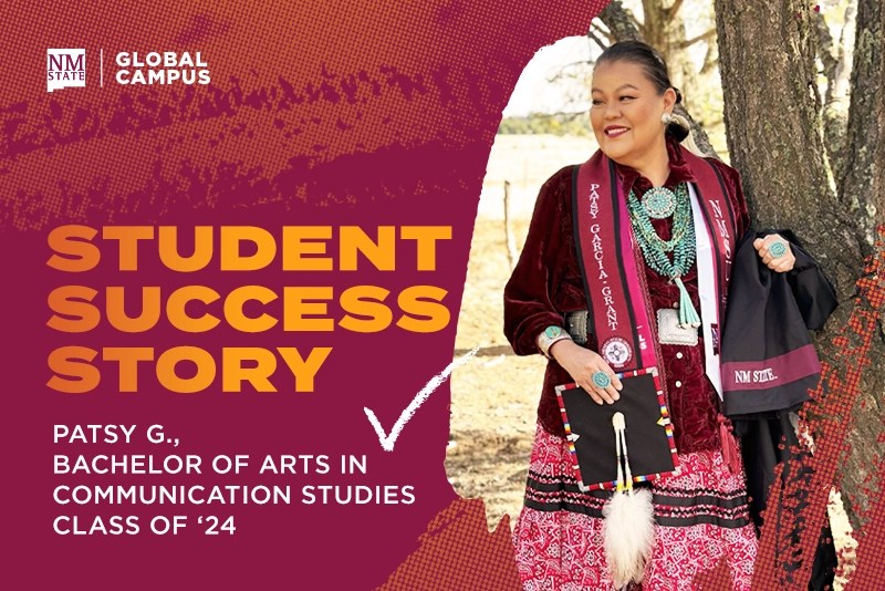 An NMSU "Crimson Scholar" celebrates her cultural identity by wearing a crimson sash and Navajo jewelry on her graduation day