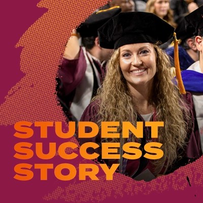 a smiling woman wears a graduation cap and gown