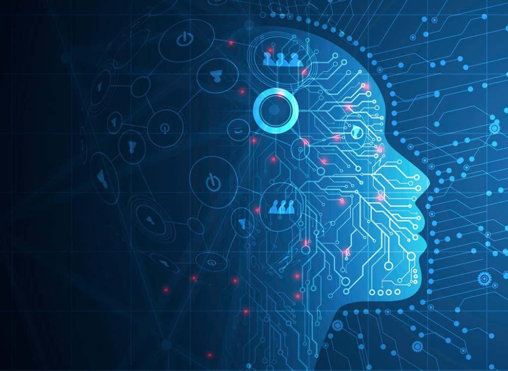 A graphic design of a human profile with circuitry to depict artificial intelligence