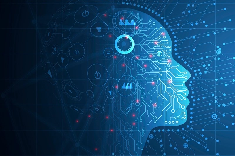 A graphic design of a human profile with circuitry to depict artificial intelligence