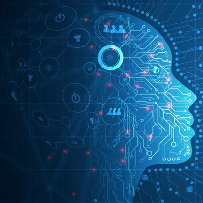 A graphic design of a human profile with circuitry to depict artificial intelligence