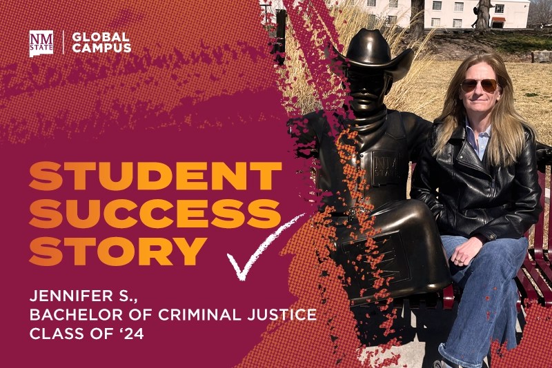 NMSU Global graduate Jennifer S. sits on a bench beside a statue of NMSU mascot Pistol Pete