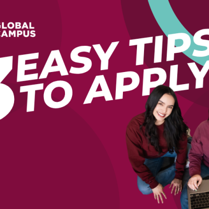 Two NMSU Global Campus students smile beside text reading “3 easy tips to apply” for an online college application.