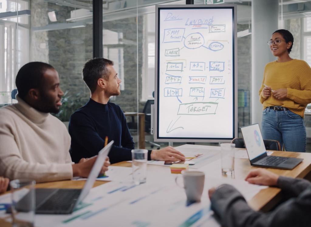 Woman presenting in a meeting room in front of a digital whiteboard with diagrams