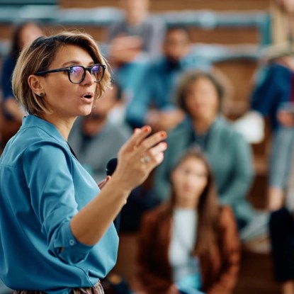 A professional storyteller communicates with her audience