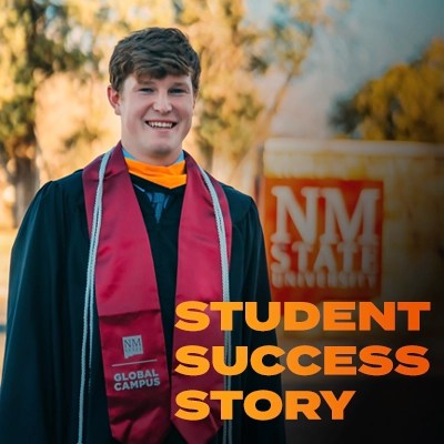A Master of Data Analytics graduate in his commencement regalia — New Mexico State University Global Campus