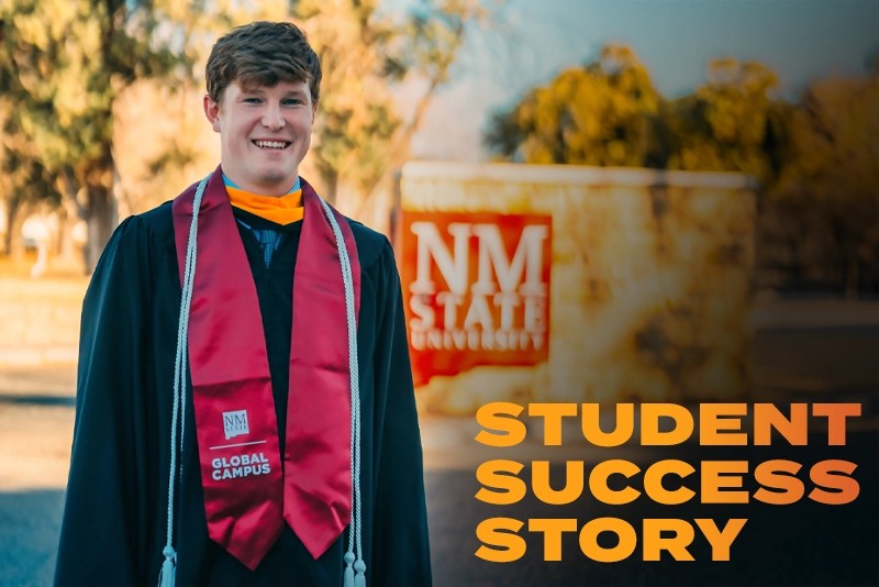 A Master of Data Analytics graduate in his commencement regalia — New Mexico State University Global Campus