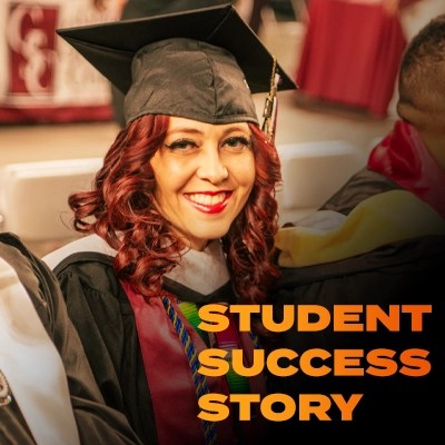 A woman wearing a graduation cap and gown — NMSU Global Campus commencement ceremony