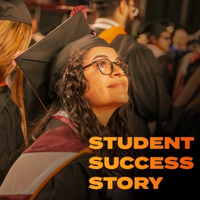 A bespectacled woman in graduation cap and gown — NMSU Global Campus commencement ceremony