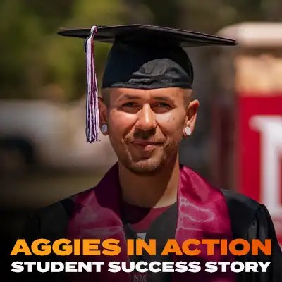Sociology major Anthony poses outdoors in his NMSU Global Campus graduation regalia