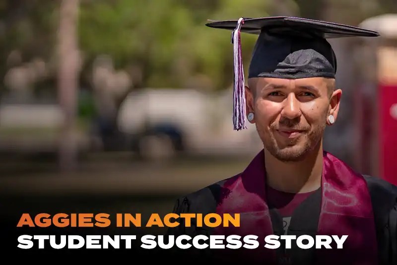 Sociology major Anthony poses outdoors in his NMSU Global Campus graduation regalia