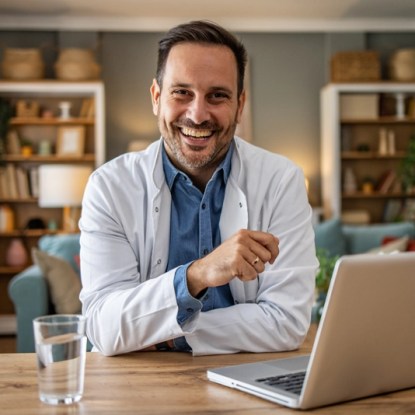 A smiling man in a labcoat works on his laptop — NMSU Global Campus online MPH master of public health degree