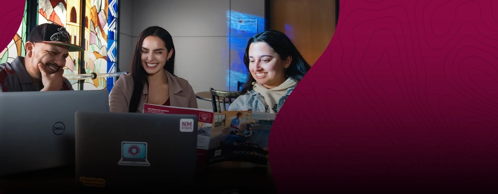 Three online college students study on laptop computers
