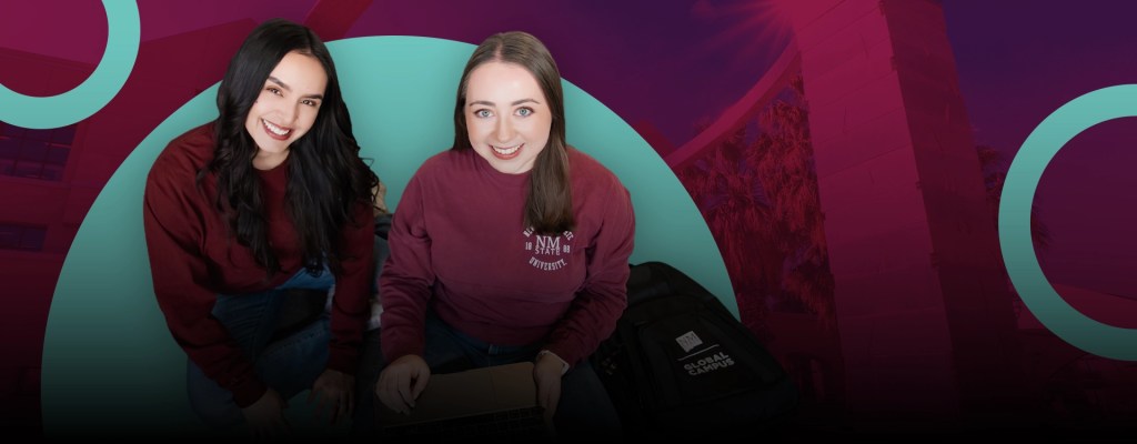 Two women in crimson NMSU sweatshirts posing