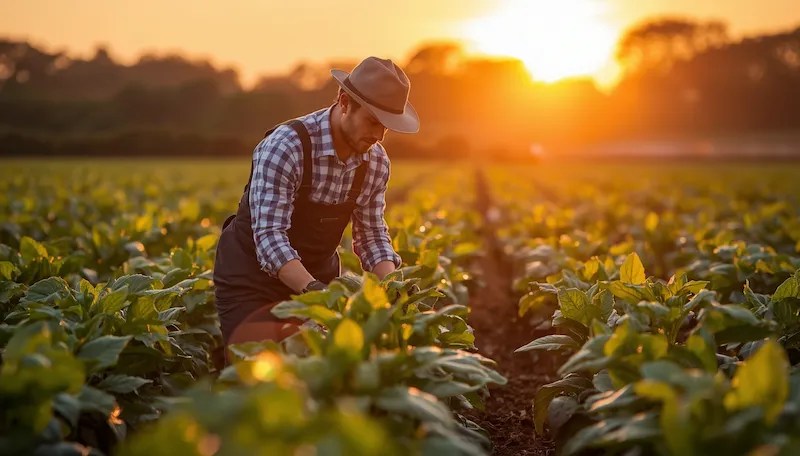 Agriculture laborer working in a green field of crop rows at sunset