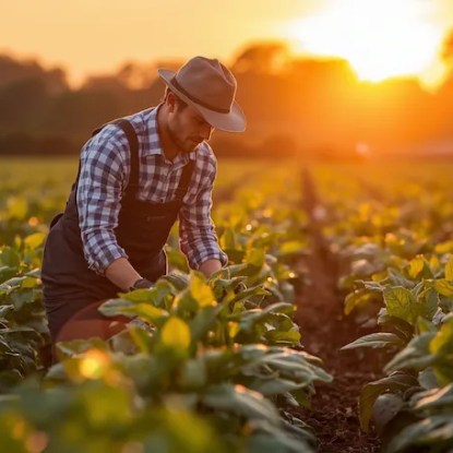 Agriculture laborer working in a green field of crop rows at sunset