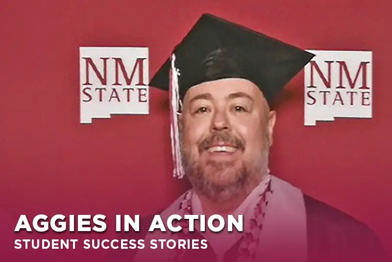 NMSU Global Campus student Jerald A. poses in his graduation cap and gown