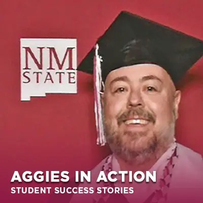 NMSU Global Campus student Jerald A. poses in his graduation cap and gown