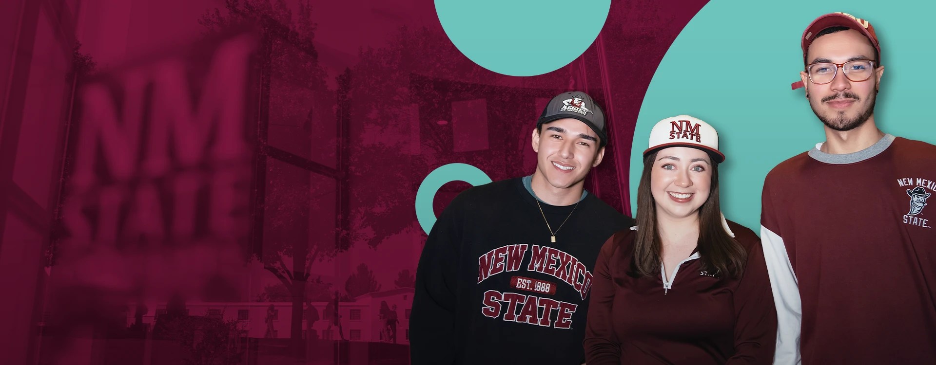Three college students in New Mexico State University branded clothing pose for the camera