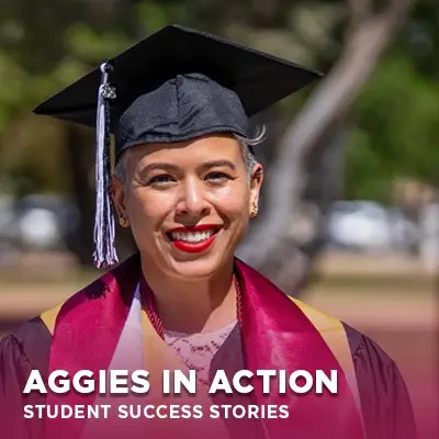 Communications major Nicole poses outdoors in her NMSU Global Campus graduation regalia