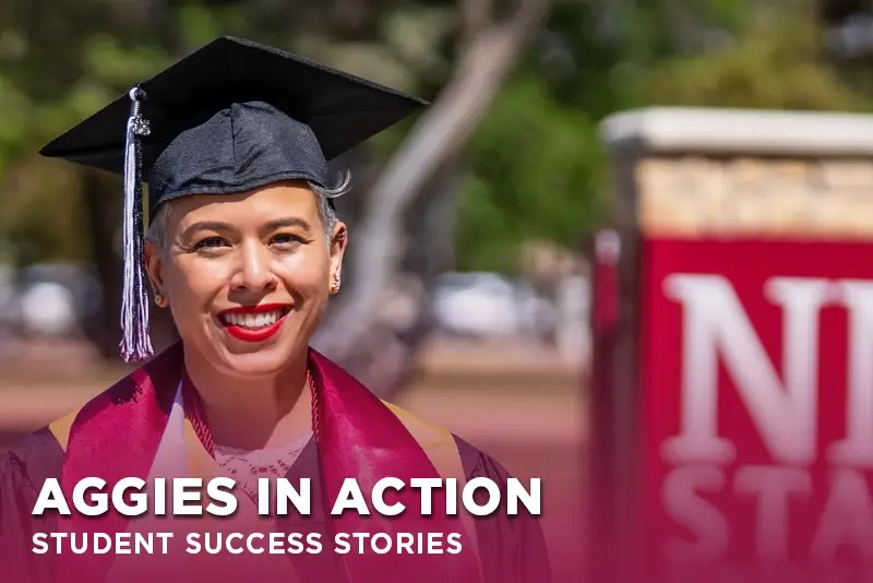 Communications major Nicole poses outdoors in her NMSU Global Campus graduation regalia