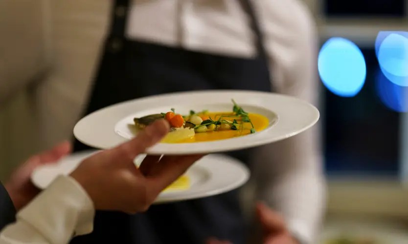 A restaurant server's hand holding a colorful dinner dish